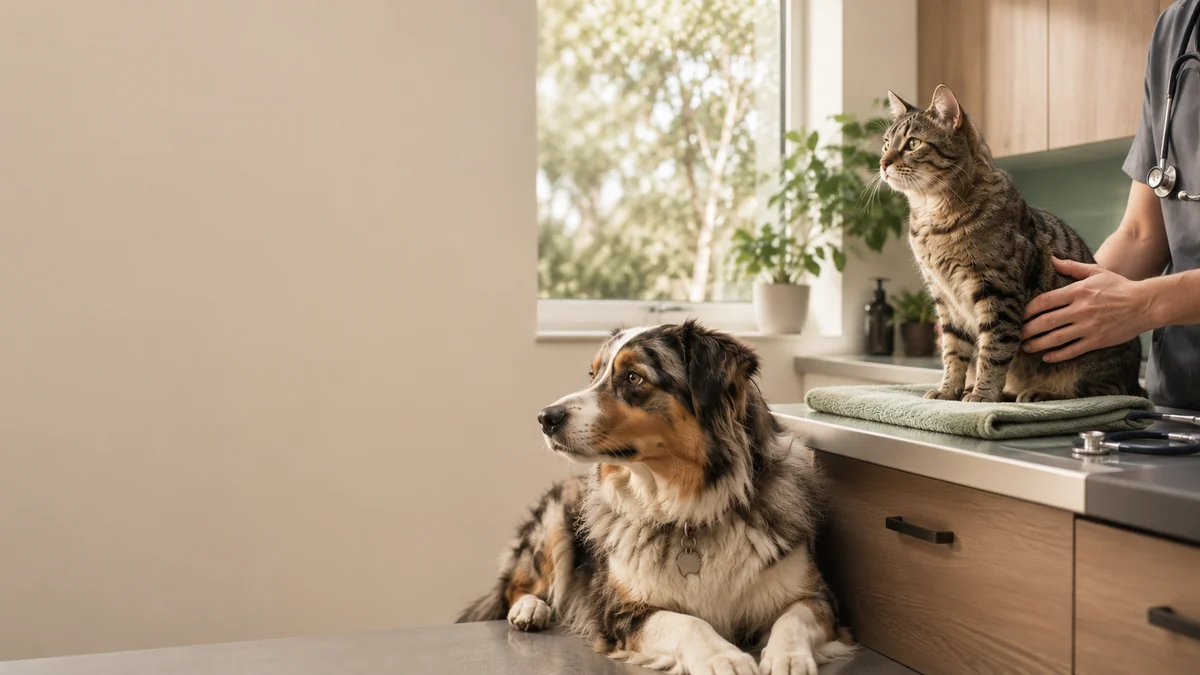 A dog and cat being examined on a treatment table at Animals at Oakey Flat