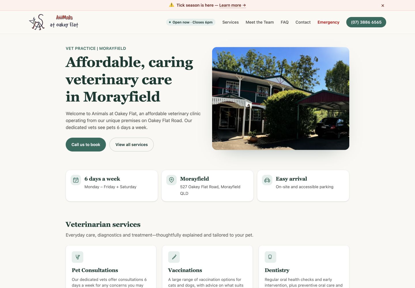 Animals at Oakey Flat homepage on desktop, with clinic information and booking links beside a photograph of the practice