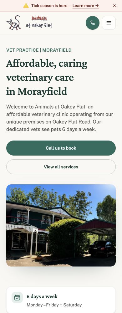 The clinic homepage on mobile, with call and services buttons above the practice photograph
