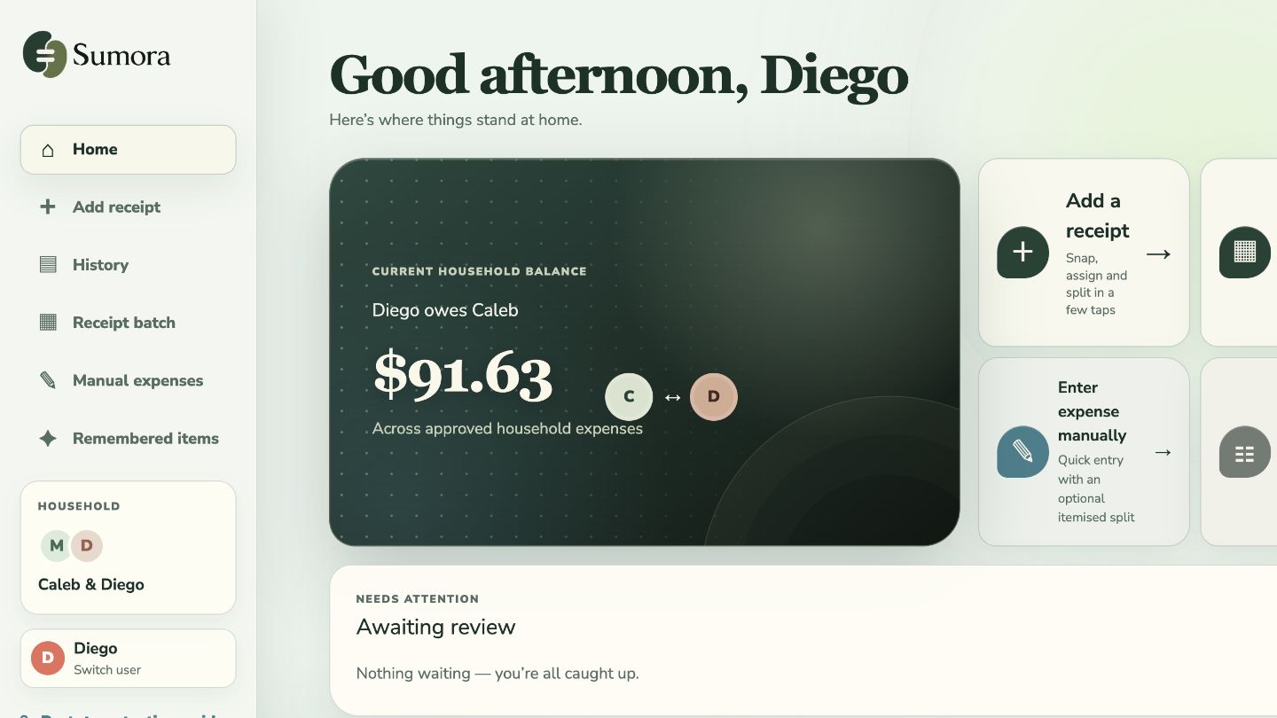 Sumora's household dashboard on desktop, showing the current balance between household members and quick actions to add a receipt or expense