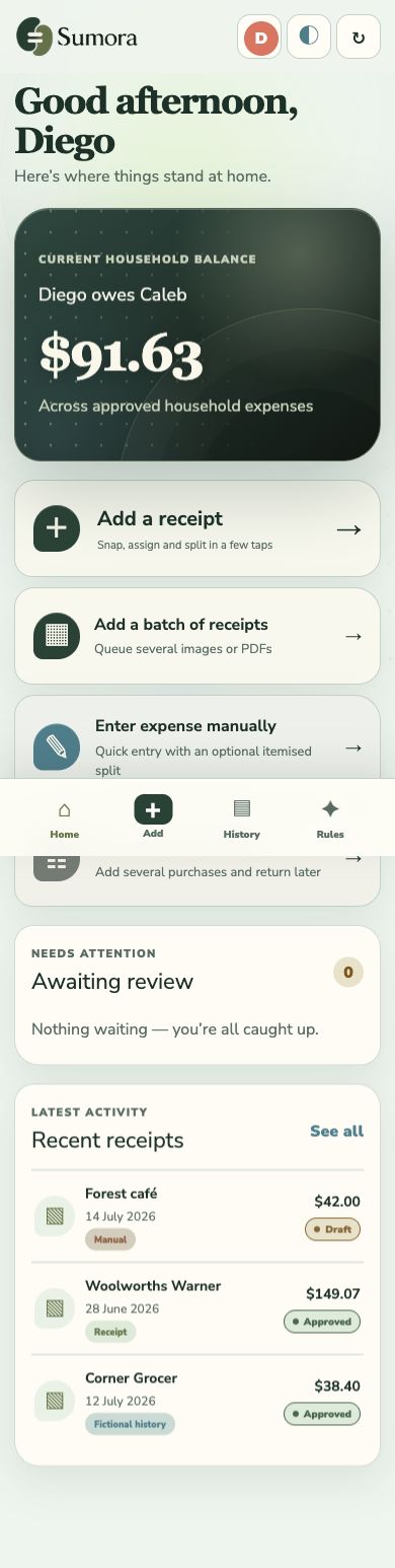 The same Sumora dashboard on a mobile phone, with recent receipts and their approval status listed below